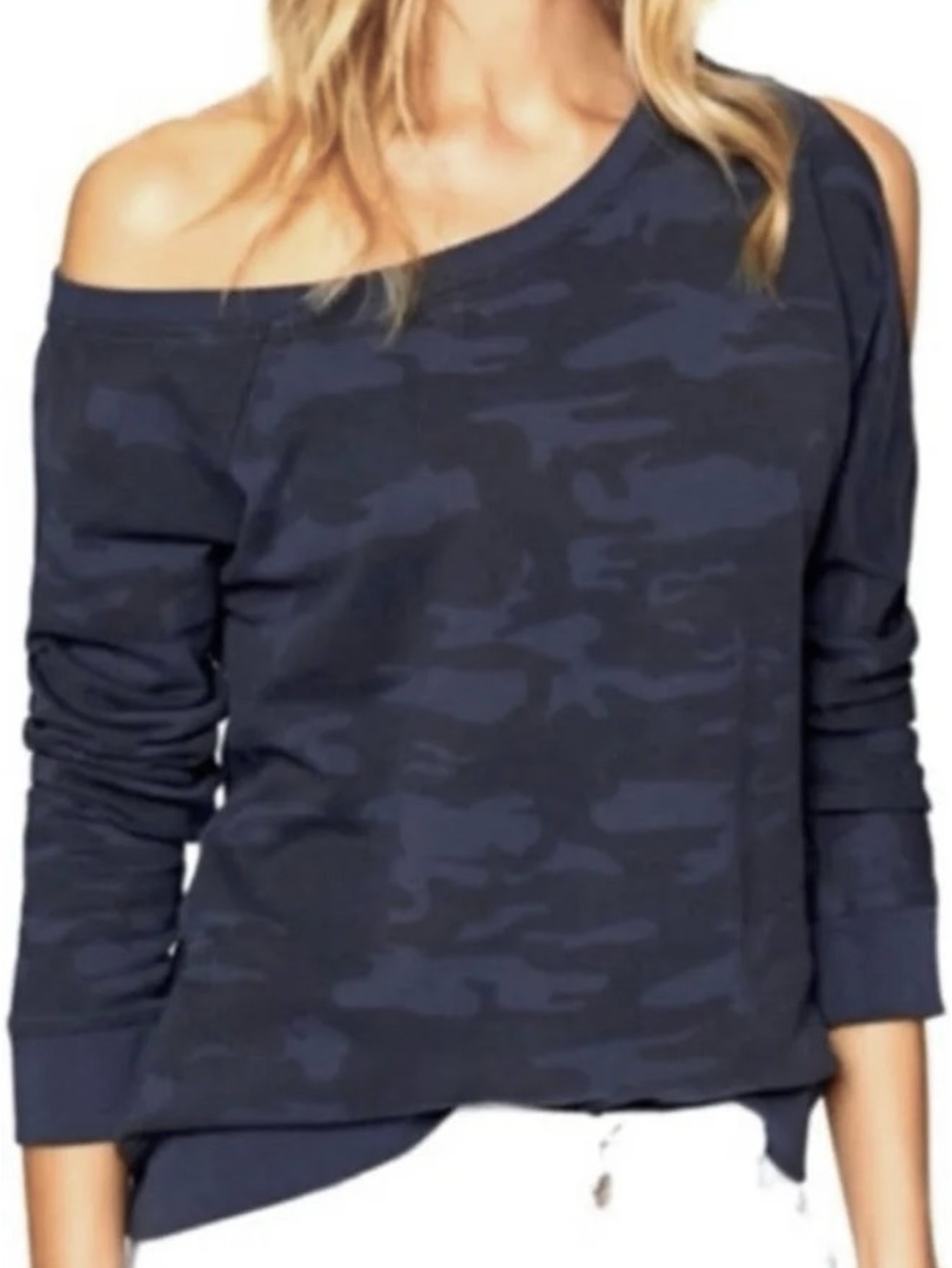 Sanctuary Small Pure Cotton Off the shoulder navy blue camo top sweatshirt